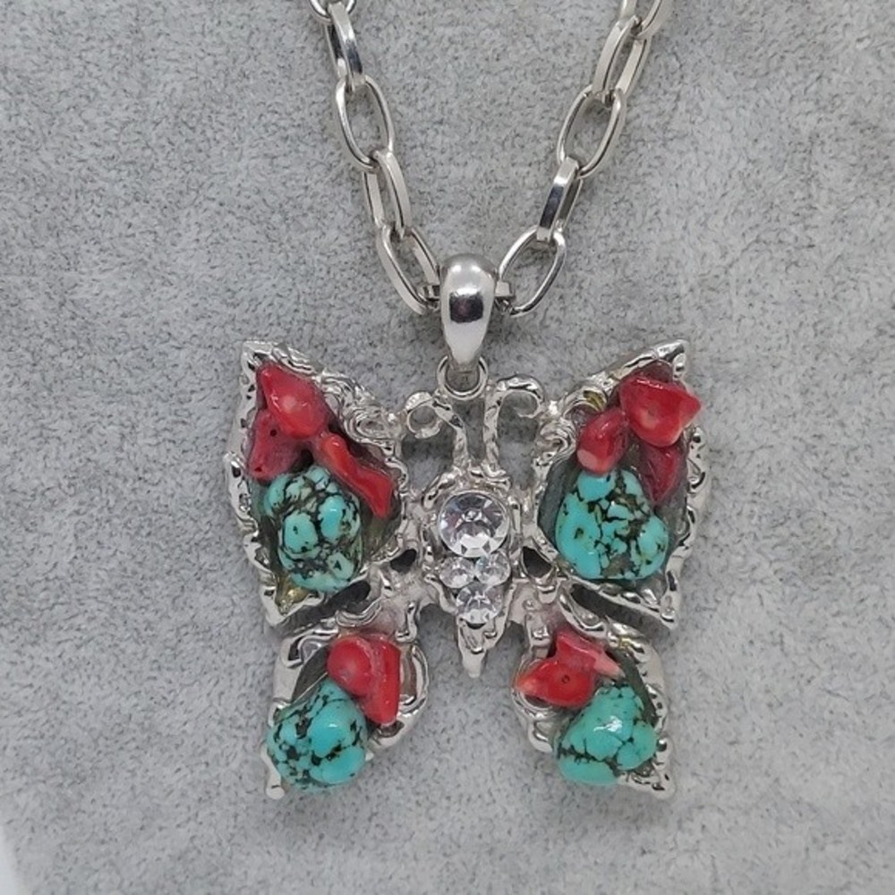 Faux turquoise and coral butterfly‎ necklace